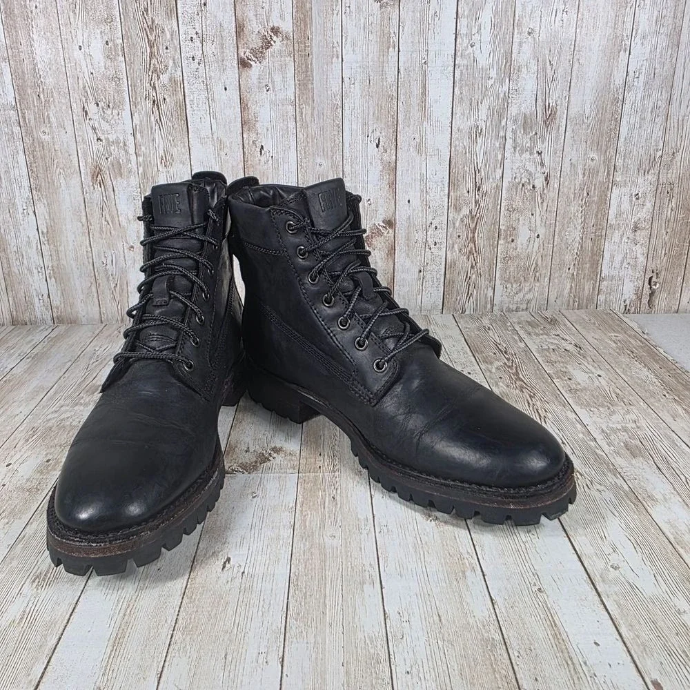 FRYE Mens Black Leather Combat Boots Rugged Lug Sole Military Work Boots 9.5